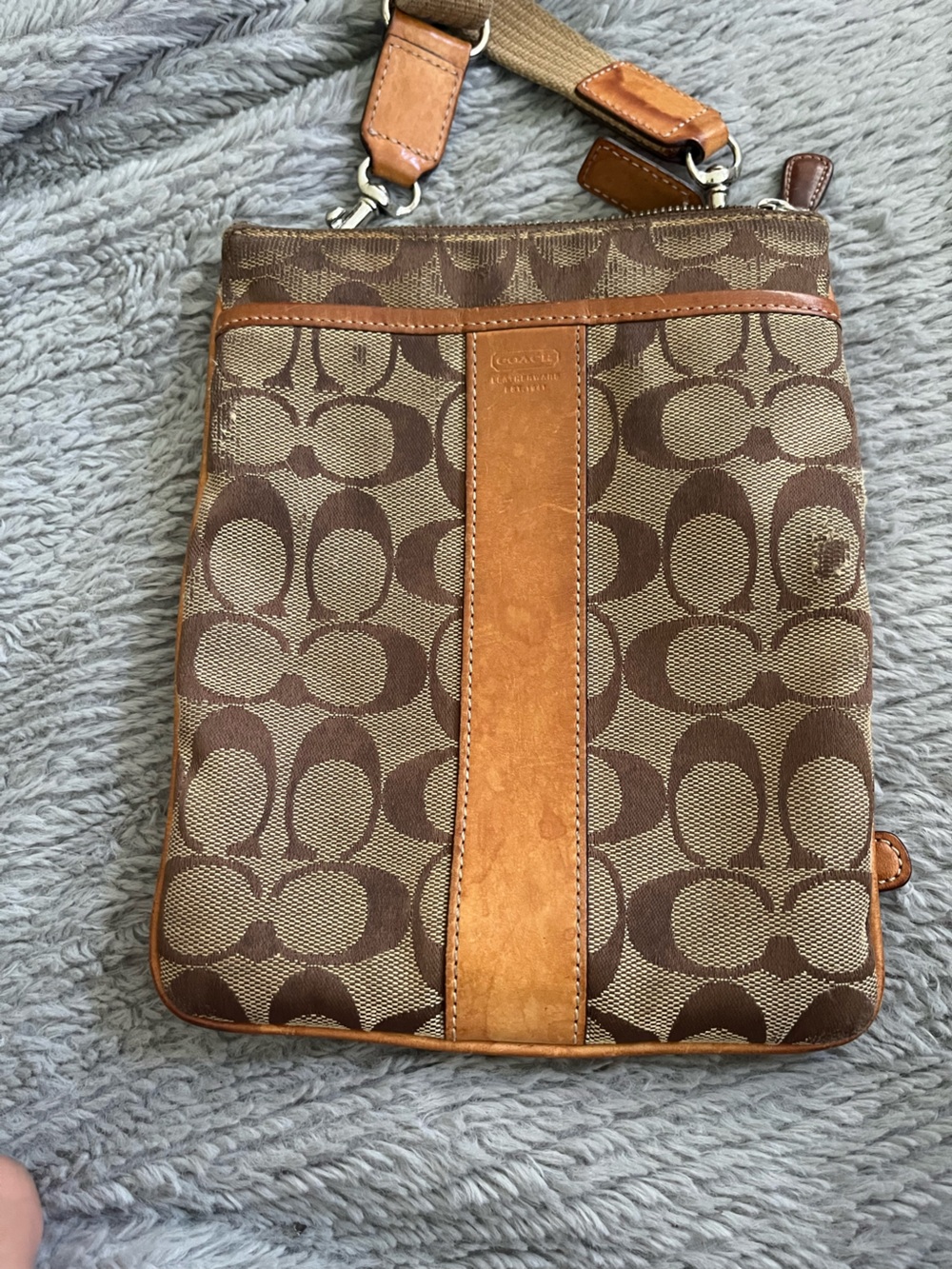 Coach Brown Signature Canvas Messenger Bag with Tan Leather Trim